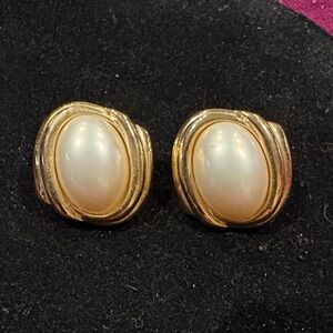 Trifari Gold and Cream Oval Earrings